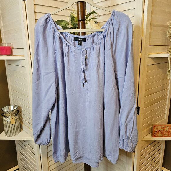 ellos Tie Neck Peasant Tunic, Plus Size 1X 22/24, Light Blue - Picture 1 of 8